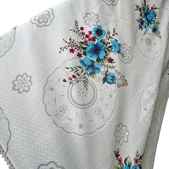 VTG Blue Floral Lace Trim Tablecloth Baroque Texture Satin 62x90” Rectangle Boho - Picture 6 of 7